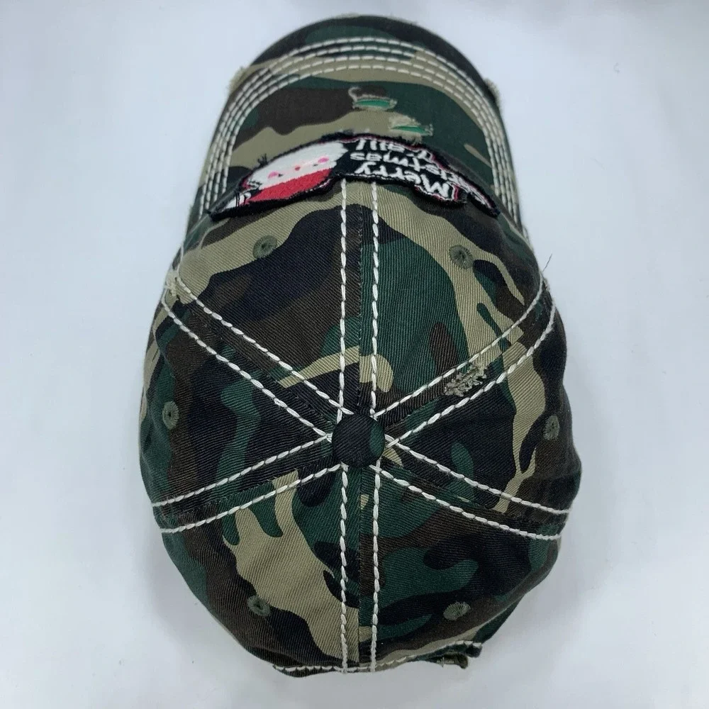 Merry Christmas Y'all! Santa Hat Ladies Camo Adjustable Distressed Baseball Cap